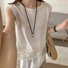 中空刺繍ステッチノースリーブベスト 2025 文学レトロラウンドネックバックデザイン多用途ルーズトップ女性用