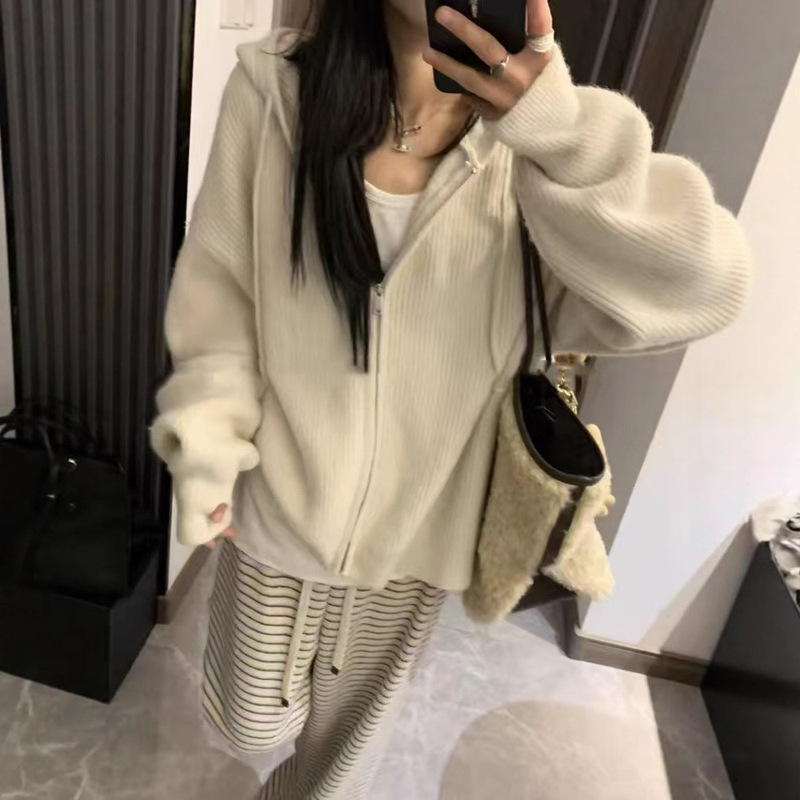 Korean 100% Pure Wool Sweater Lazy Hooded Knitted Cardigan Top Autumn and Winter Loose Zipper Sweater Jacket Hoodie