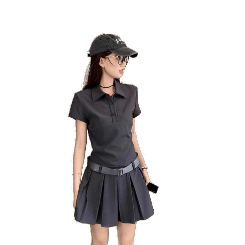 フレンチアメリカングレーポロカラー半袖Tシャツドレス夏の女性の小柄なスリムAラインプリーツスカート|undefined