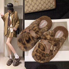 2025年时尚半包豹纹一脚蹬棉鞋百搭外穿软底家居保暖毛毛鞋女拖鞋