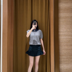 2025早秋新款Sa南油工厂韩系清新甜美少女撞色牛仔领针织短袖上衣