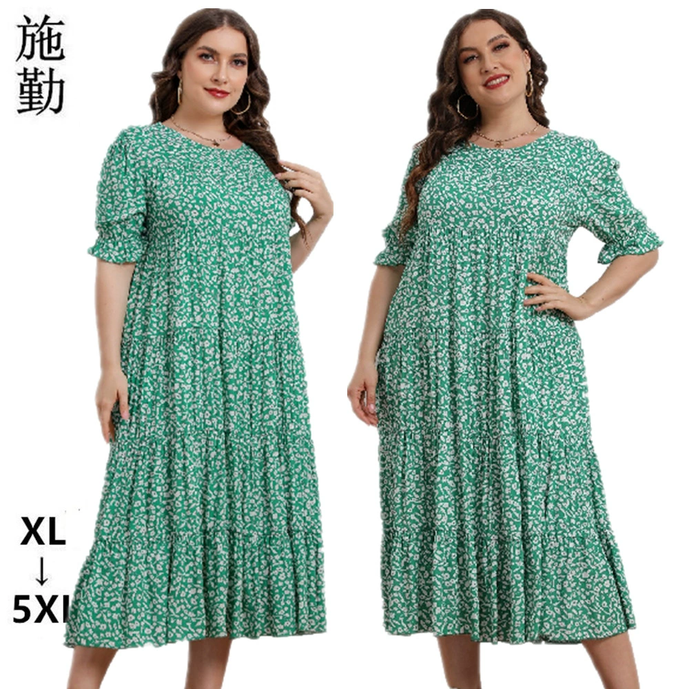 Летнее платье для женщин больших размеров в европейском и американском стиле, новое, с коротким рукавом, из вискозы, с принтом, свободного кроя, пляжное платье SQ0220