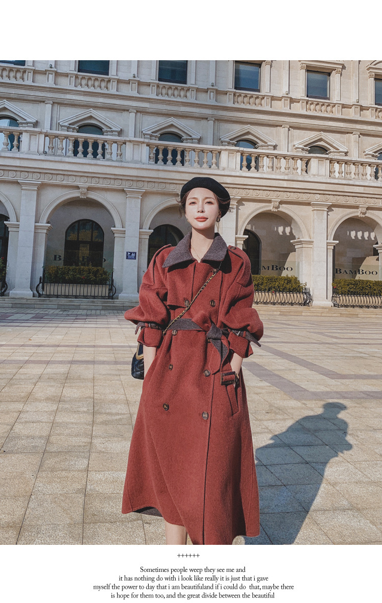 Women's Long Woolen Coat Brick Red Hepburn Style Winter Overcoat_voghion.com
