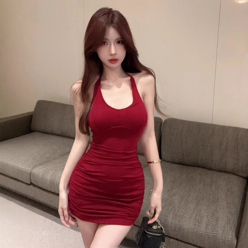 Pure Desire Hot Girl Sexy U-Neck Low-Cut Backless Suspender Skirt Tight Waist Slimming Short Hip-Hugging Halter Dress
