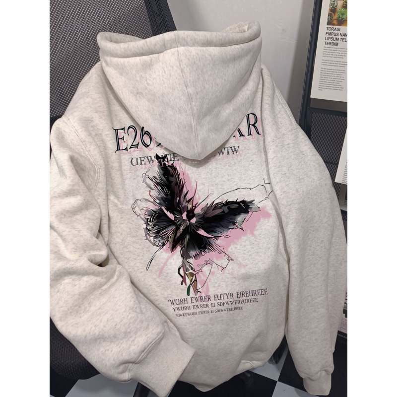 2026Vibe Style Butterfly Print Hooded Sweatshirt for Women Spring, Autumn and Winter New Style Student Loose Velvet Thickeneded Top