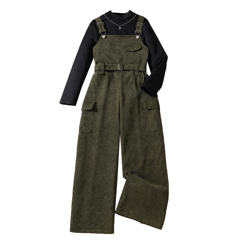 Girls' overalls set Korean version autumn and winter new item, mid size sleeved knitted sweater long pants two-piece_voghion.com