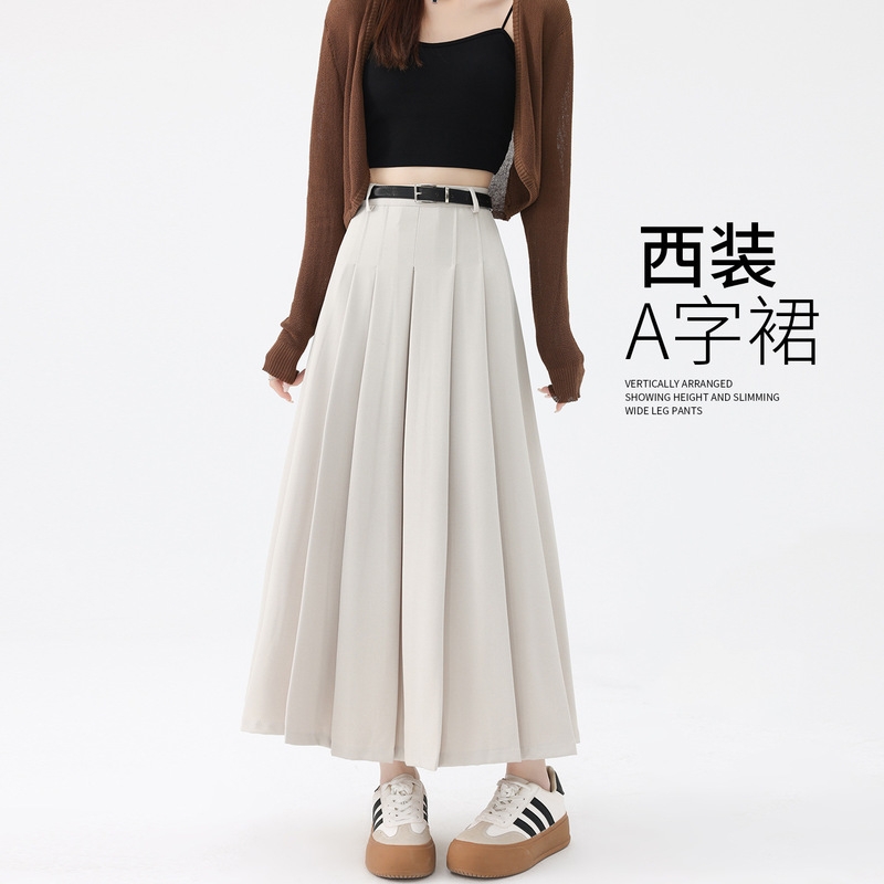 中长款百褶裙杏色半身裙女春秋夏2025新款高腰a字学院风西装长裙|undefined
