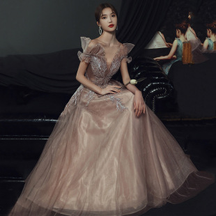 Evening Dress for Women 2025 New Summer One-Shoulder Banquet Host Fairy Heavy Industry Elegant Lady Slimming Look Long Dress