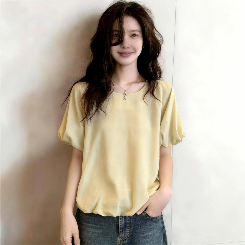 French-style round-neck puff-sleeve shirt for women, summer 2026 new model, loose-fitting, tummy-covering top for plus-size girls A11553 French-style round-neck puff-sleeve shirt for women, summer 2026 new model, loose-fitting, tummy-covering top for plus-size girls A11553
