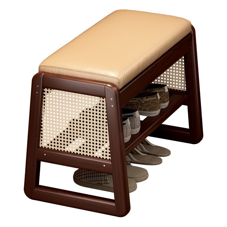 Taburete de zapatos de madera sólida de caña trenzada en la puerta de cambio de zapatos para el hogar, gabinete de zapatos para sentarse, paquete flexible multifuncional, taburete de tiras largas ampliadas