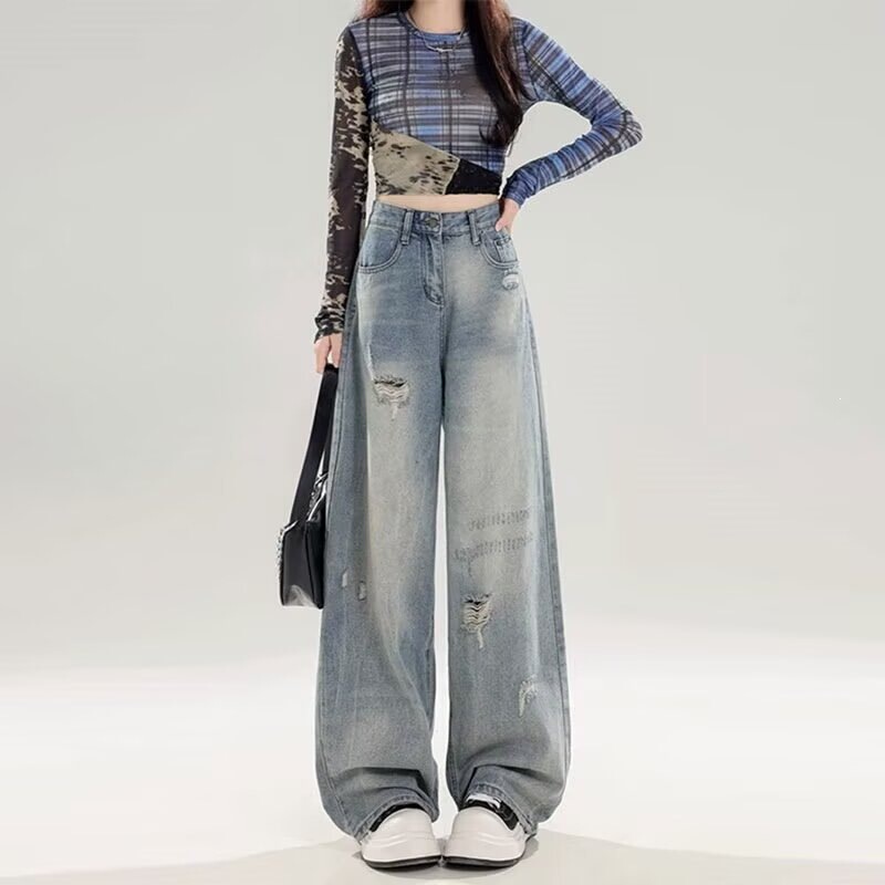 American Retro Style Tall Women's Ripped Jeans 2026 Spring/Summer Straight Loose Slimming Extended Wide-Leg Pants American Retro Style Tall Women's Ripped Jeans 2026 Spring/Summer Straight Loose Slimming Extended Wide-Leg Pants