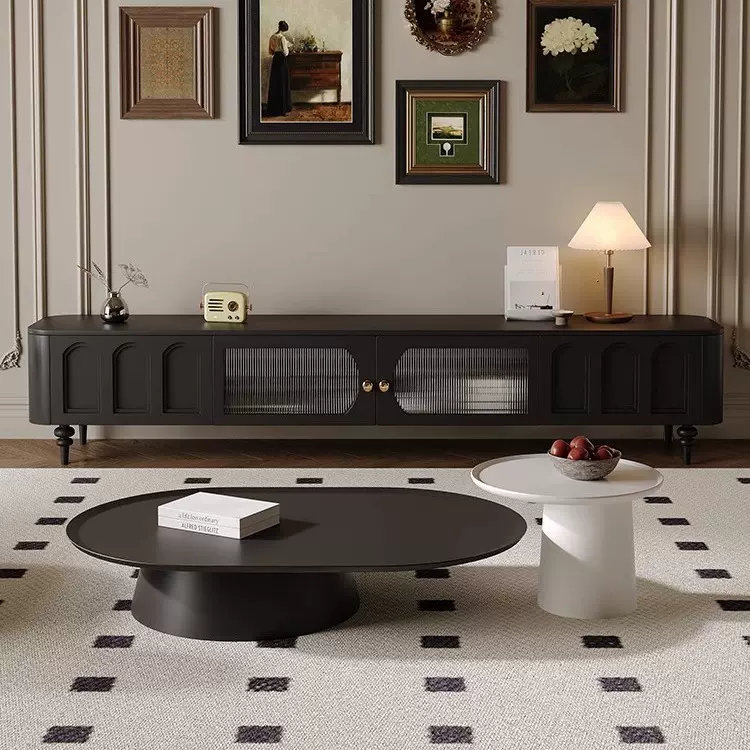 新款法式电视柜茶几组合23年小户型客厅侘寂中古风黑色实木落地柜