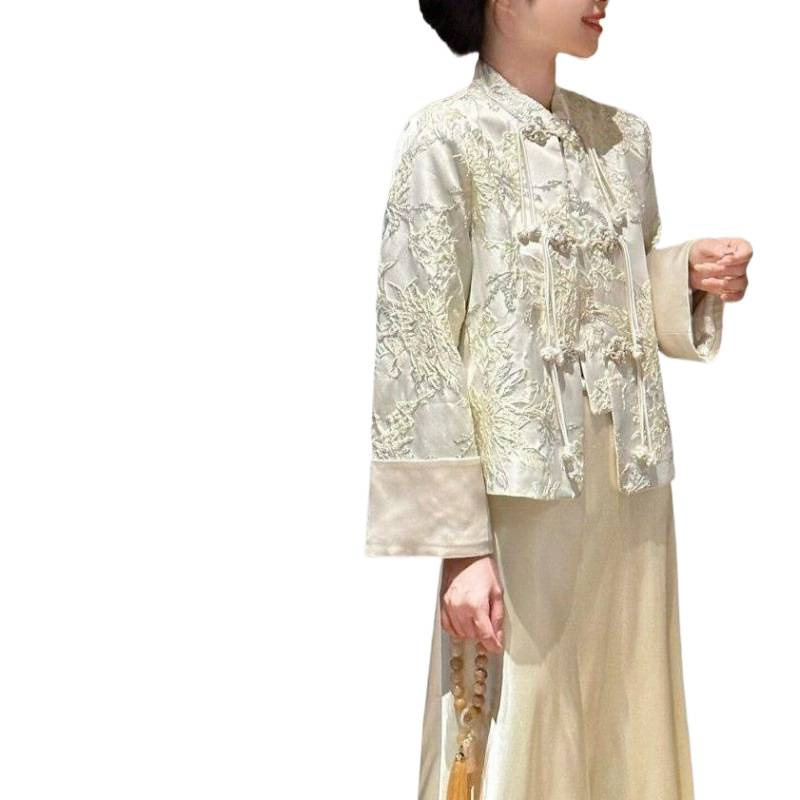 大码胖新中式国风唐装女轻奢高级感盘扣外套缎面裙两件套200斤|undefined