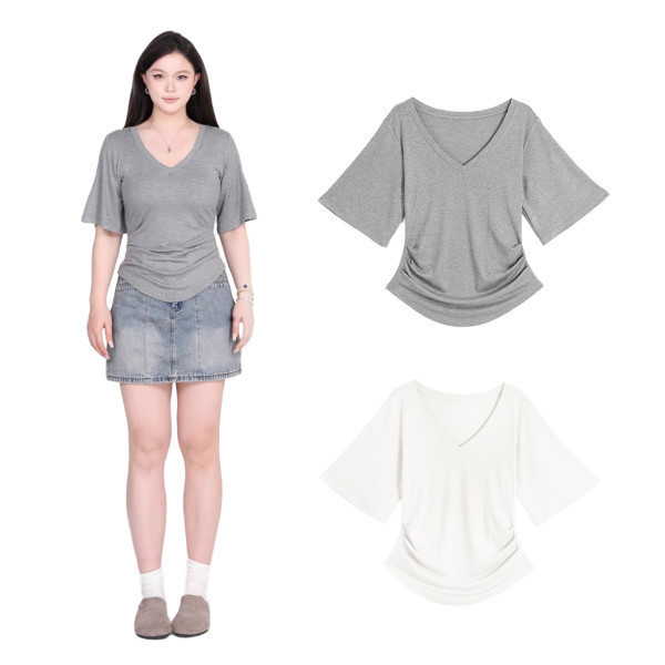 Plus Size Summer Women's Design Pleated Short-Sleeved V Neck T-Shirt for Fat Women, Waist Slimming Look, Asymmetrical Sweet and Spicy Top
