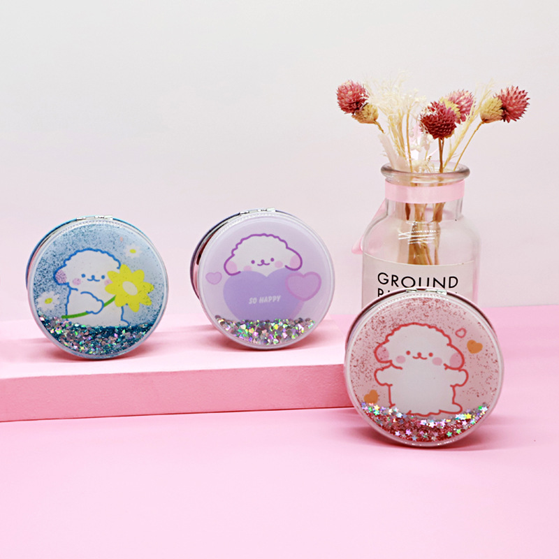 Venta al por mayor bolsillo portátil espejo cosmético portátil redondo plegable lindo doble cara chica corazón lentejuelas arenas movedizas pequeño espejo