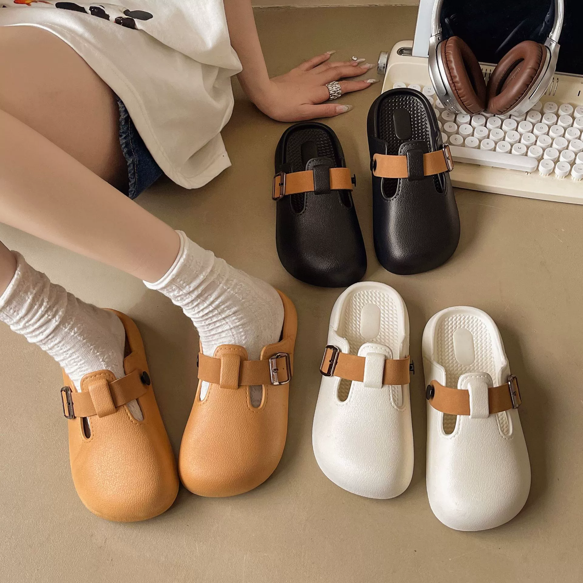 Весенние и летние новые тапки Баотоу женские снаружи носят модные дикие полутолщенные легкие ленивые педали мягкого дна, чтобы наступить на фекалии