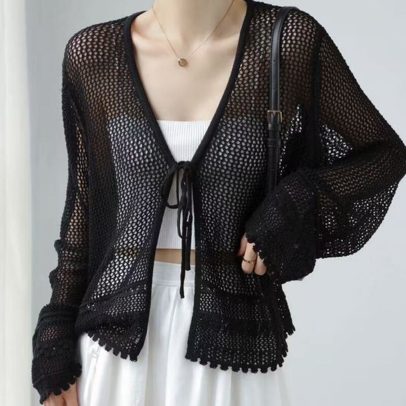 Black Casual Style Solid Color V-Neck Lace-Up Hollow-Out Knit Cardigan for Women, New Summer Long-Sleeve Sun-Protective Short Top Black Casual Style Solid Color V-Neck Lace-Up Hollow-Out Knit Cardigan for Women, New Summer Long-Sleeve Sun-Protective Short Top