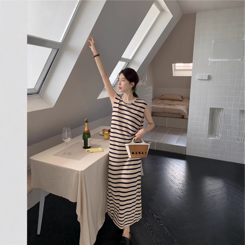 Striped Vest Dress for Women Early Spring Small Fragrant Style Sleeveless T-Shirt Dress Loose Lazy Style Casual Knitted Long Skirt
