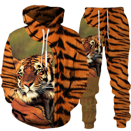 Bestselling Tiger 3D Digital Printing Hooded Sweatshirt Set for Spring and Autumn - Men's Sweatshirt Set