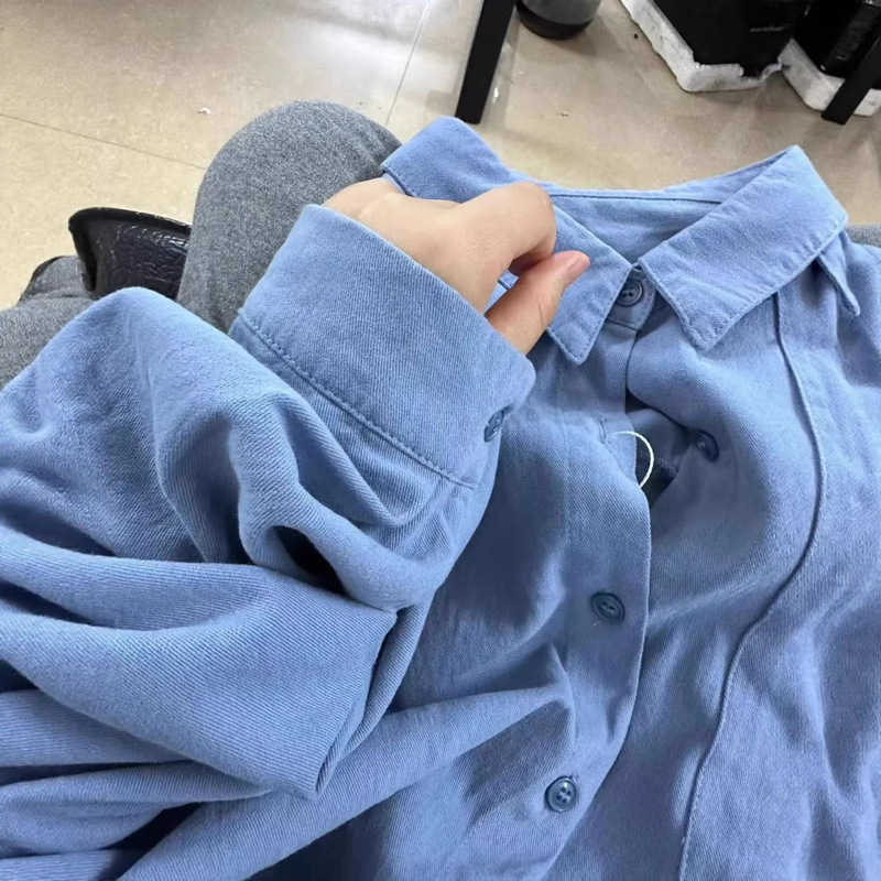 100% Cotton Blue Pure Cotton Shirt for Women, Fresh and Loose Fit, Versatile, Slimming, Suitable for Commuting, Long-Sleeve Shirt, Jacket, Top for Spring