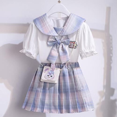 Girls' JK Set Dress Korean Version Primary and Middle School Students Butterfly Bow Short Sleeve Summer Clothing College Style Girl Pleated Skirt Two-Piece Set