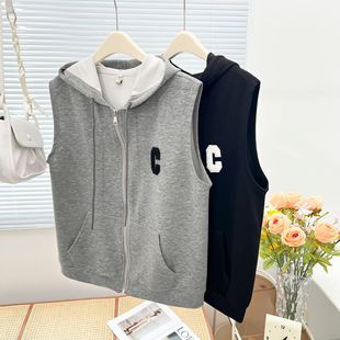 Autumn loose all-matching hooded C sweater vest for fat girls plus size women's casual waistcoat 0193