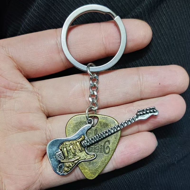 Antique guitar pick and guitar keychain, punk rock stainless steel keyring, unisex