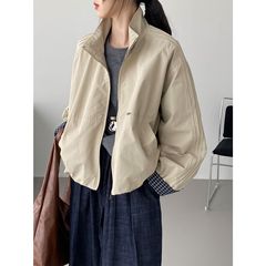那末韩系宽松休闲立领工装风外套女设计感格子撞色短款风衣H2809