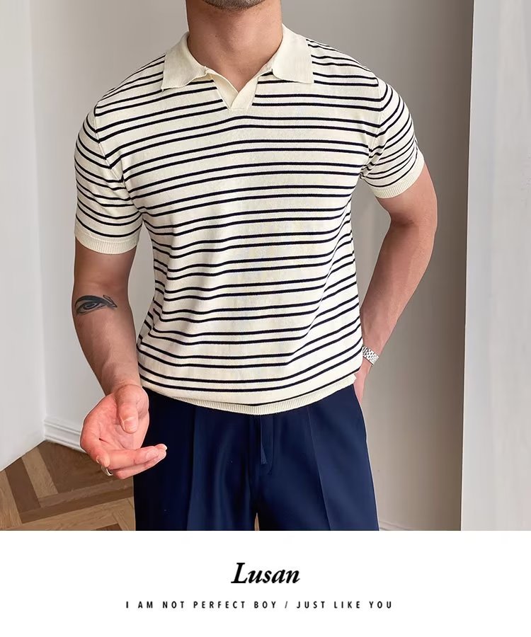 245g Weight Short Sleeve Sleeve Length Regular Sleeve Sleeve Type Polyester Fabric Type Regular Top Length Casual Occasion Turndown Neckline Slim Fit Type Stripe Pattern Summer, Spring Season Men's Gender Classic Style Style 3XL, M Size Wholesale Men's Polyester Classic Style Stripe Short Sleeve Men's T-shirt 3