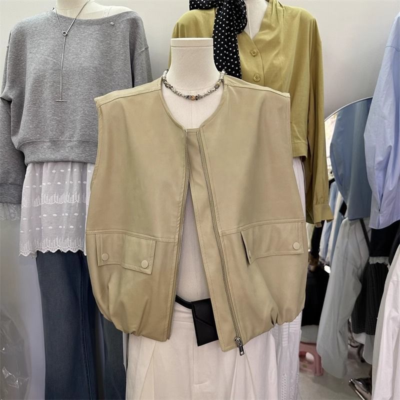 New Style Protein Leather Vest Jacket for Women Spring and Summer New Sleeveless Waistcoat Vest Slimming Vest Leather Top