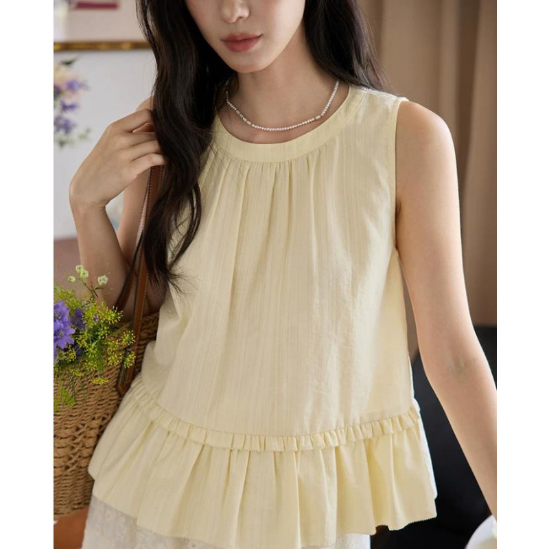 Yellow Round-Neck Ruffled Sleeveless Blouse for Women, Summer Pullover, Elegant Commuter Top