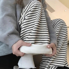 2025秋冬新款保暖复古条纹休闲长裤女士韩版宽松大码慵懒风直筒裤