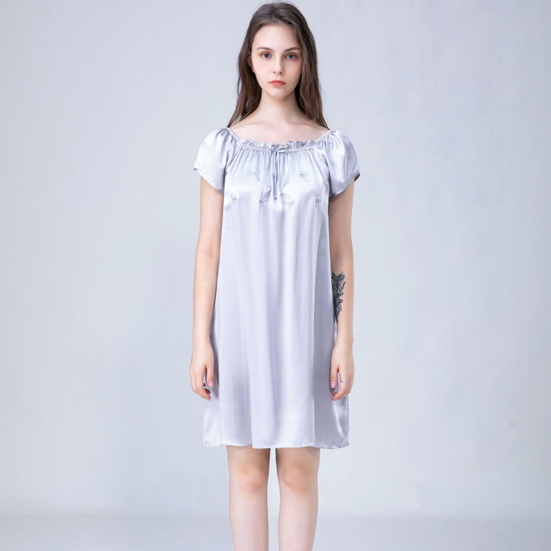 Simulated Silk Spring and Summer Women's Nightgown, Pajamas, Babydoll Dress, Home Wear, Casual Loose-Fitting Printed Satin Chiffon Plus Size