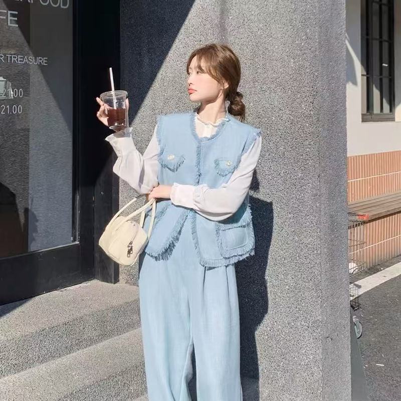蓝色时尚流苏小香风套装女春季2025年新款名媛马甲衬衫长裤三件套|undefined