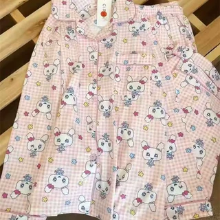 日系满印格纹卡通睡衣女春秋季长袖长裤套装少女款慵懒风家居服