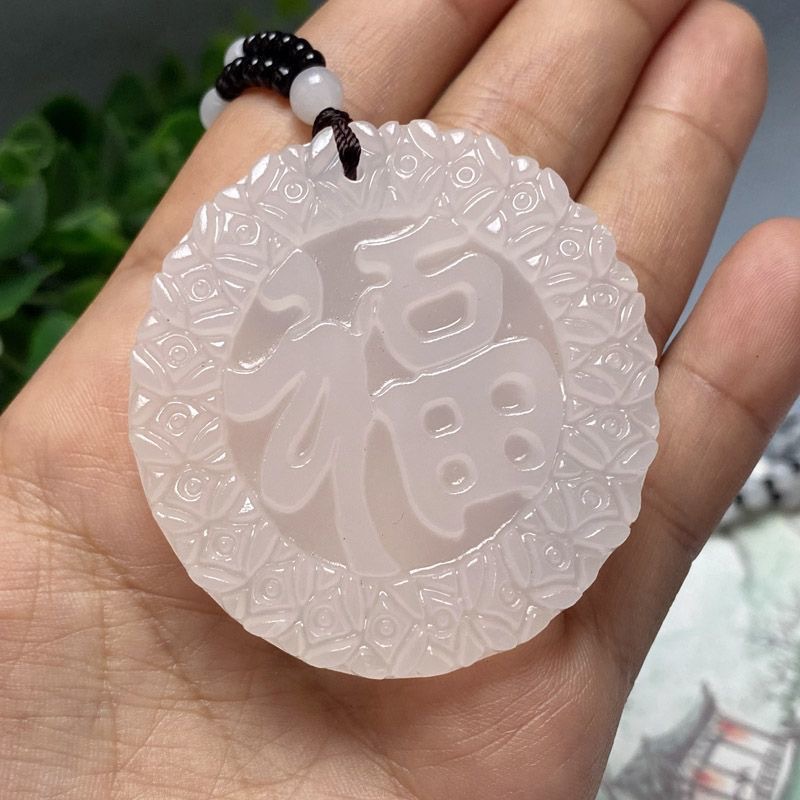 阿富汗仿白玉福牌吊坠男女生毛衣链玉佩节日礼品送妈妈送女友项链