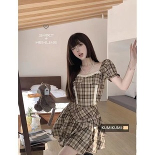 甜心格子連衣裙復古套裝氣質短袖襯衫女荷葉邊蓬蓬半身裙兩件套