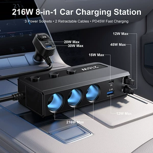 Multifunctional car charger with retractable cable, digital display, high-power car charger, fast charging