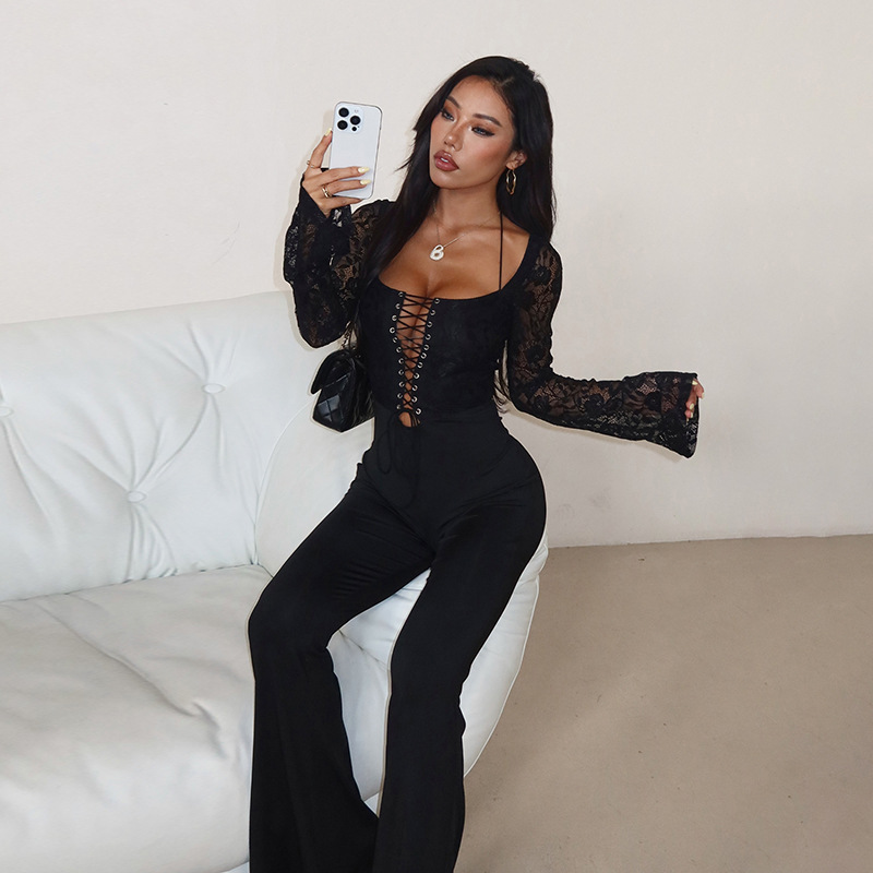 Yl25434 European and American Style Sexy Eyelet Lace Splicing Jumpsuit 2025 Autumn New Hollow-Out Women's Jumpsuit