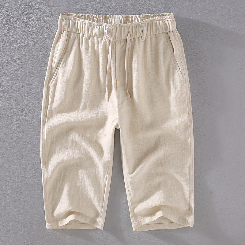 Ramie casual men's shorts for summer loose outer wear, cropped pants, thin and comfortable linen, cropped pants for men_voghion.com