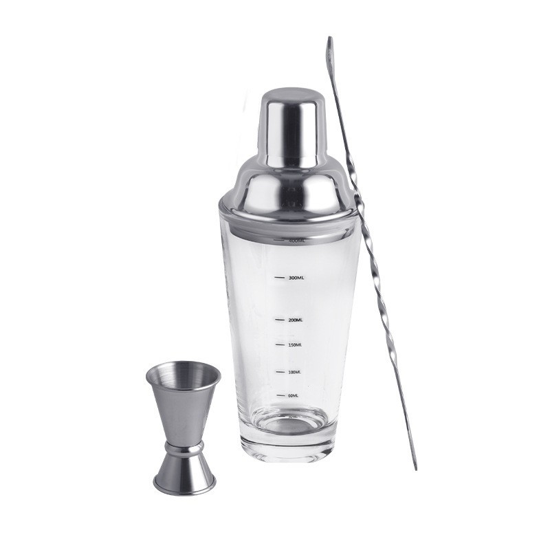En stock al por mayor de vidrio Shaker bar herramientas de alta gama juego de vino con escala de acero inoxidable agitador traje conjunto completo