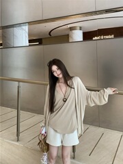 休闲套装慵懒长袖防晒开衫外套吊带背心女夏季抽绳阔腿短裤三件套