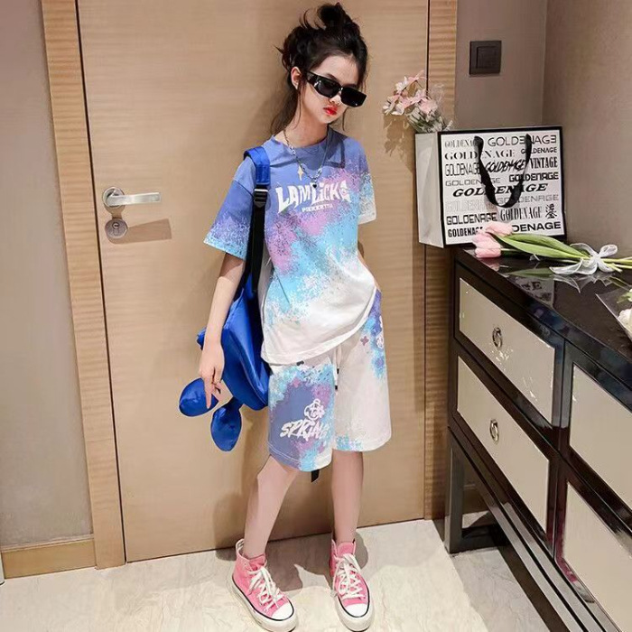 2024 nuevo traje casual de verano para niños y niños, traje de dos piezas de manga corta de moda de teñido anudado para niñas de verano