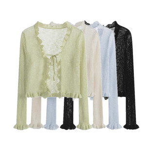 Ice silk sunscreen cardigan women's summer thin wooden ear lace-up outer matching skirt shawl short knitted small coat