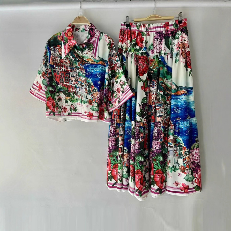 Retro Summer New Printed Skirt Short-Sleeved Single-Breasted Short Shirt High-Waisted Skirt Women's Two-Piece Set Retro Summer New Printed Skirt Short-Sleeved Single-Breasted Short Shirt High-Waisted Skirt Women's Two-Piece Set