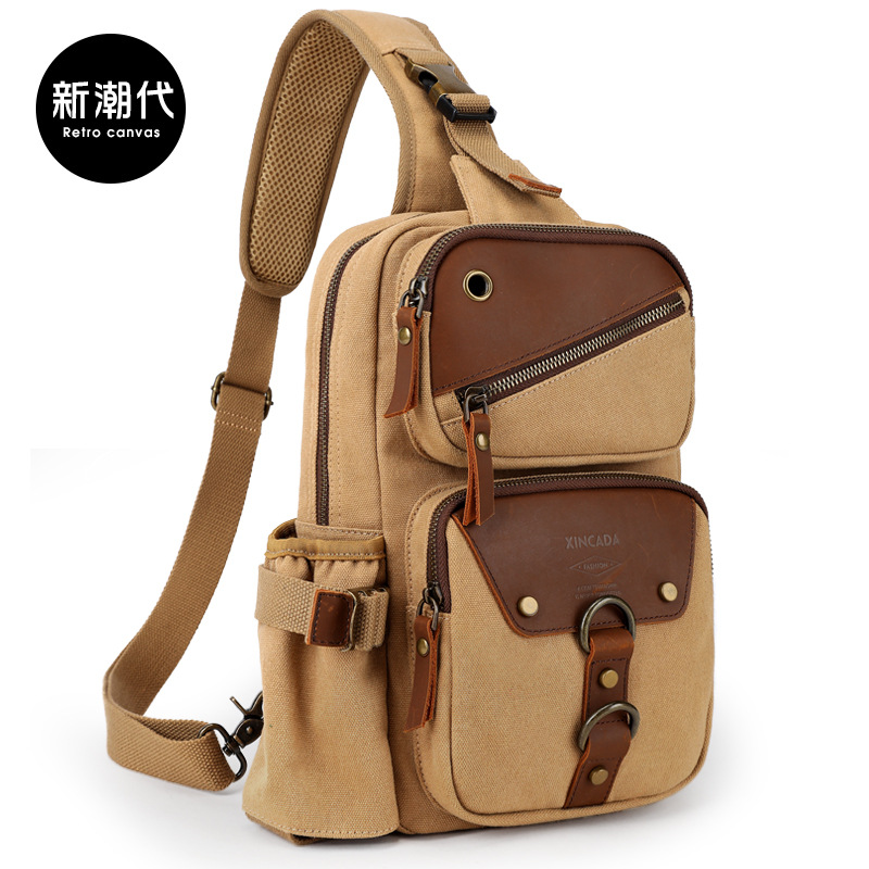 Chaopai man Vintage Style Small chest wear-resisting Canvas bag outdoors motion Inclined shoulder bag light Texture The single shoulder bag