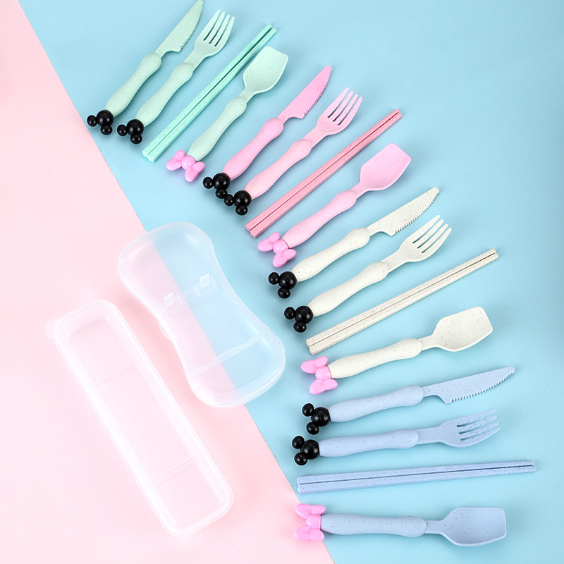 Creative Wheat Straw Portable Tableware Set with Knife, Fork, Spoon, Chopsticks - Student Office Worker Tableware Set of Four - Gift