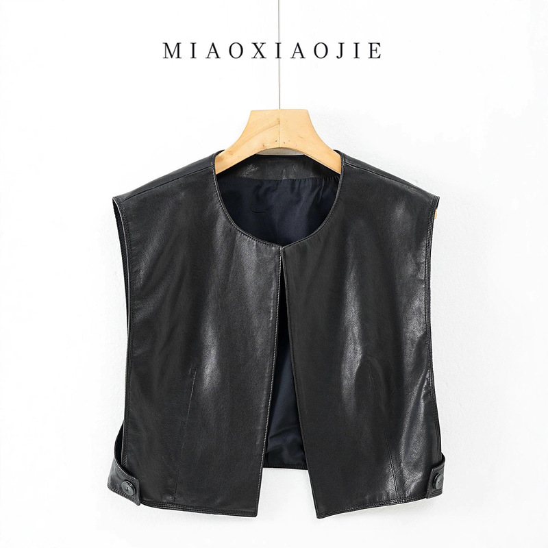 Genuine Sheepskin Autumn New Korean Fashion Leather Vest Sleeveless Vest Short Top Elegant Casual Women Genuine Sheepskin Autumn New Korean Fashion Leather Vest Sleeveless Vest Short Top Elegant Casual Women