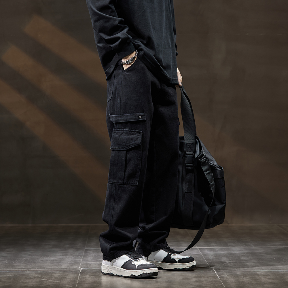 Cargo Jeans High Street Black Functional Style Cargo Pants Multi-pocket Straight Leg Casual Pants Men_viptrois.com