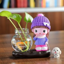 唐艺创意工艺品家居摆件可爱情侣娃娃插花水培绿萝花瓶办公桌饰品